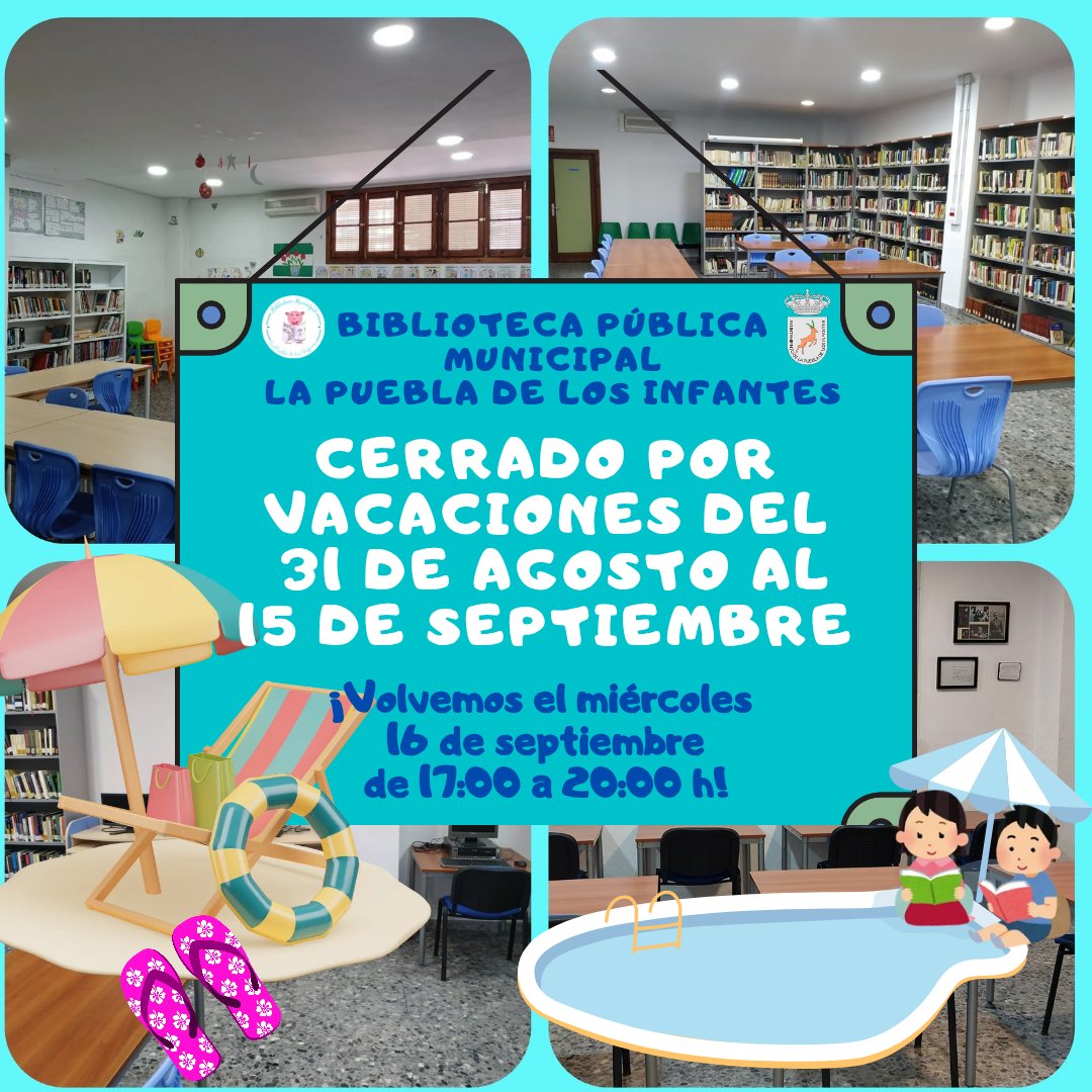 BpmLos's tweet photo. ¡Cerramos unos días por vacaciones! 🥳🏖️🏊🏼‍♀️

Si tienes un libro en préstamo que te cumpla en estos días ¡no te preocupes!, porque he ampliado la fecha de entrega hasta el día 16  😅.

¡Nos vemos! 

🤓📖😉
#BibliotecadeLaPuebladelosInfantes #Bibliotecas #Vacaciones2026 #Verano https://t.co/pbAdEdhRHW