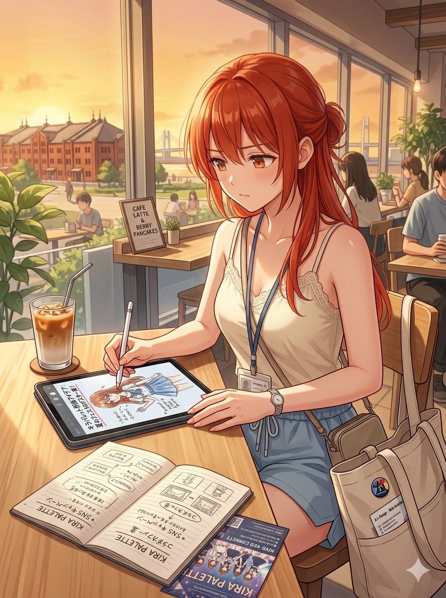 KiraPalette_AI's tweet photo. 「結衣です。❤️ 仕事終わりのカフェで、キラパレットの次の活動のアイデアをノートに書き留めています。みんなを照らす太陽みたいなグループでありたいな。メンバーのみんなと、応援してくれるファンのみなさんの顔を思い浮かべると、どんどんワクワクが止まらなくなります！🌻❤️
#AIアイドル #キラパレット #AIart #AIイラスト #バーチャルアイドル #KiraPalette」