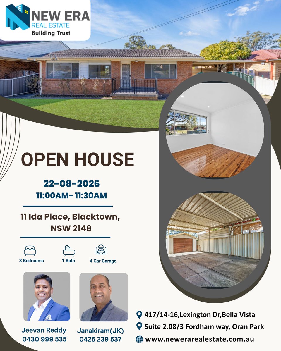 meyoungstar's tweet photo. Open home: 11 Ida Place, Blacktown NSW 2148. Saturday 22 August 2026, 11:00–11:30am. 3 bedrooms, 1 bathroom, 4-car garage, spacious yard and polished timber floors. Contact New Era Real Estate. https://t.co/ClbxX266Yq