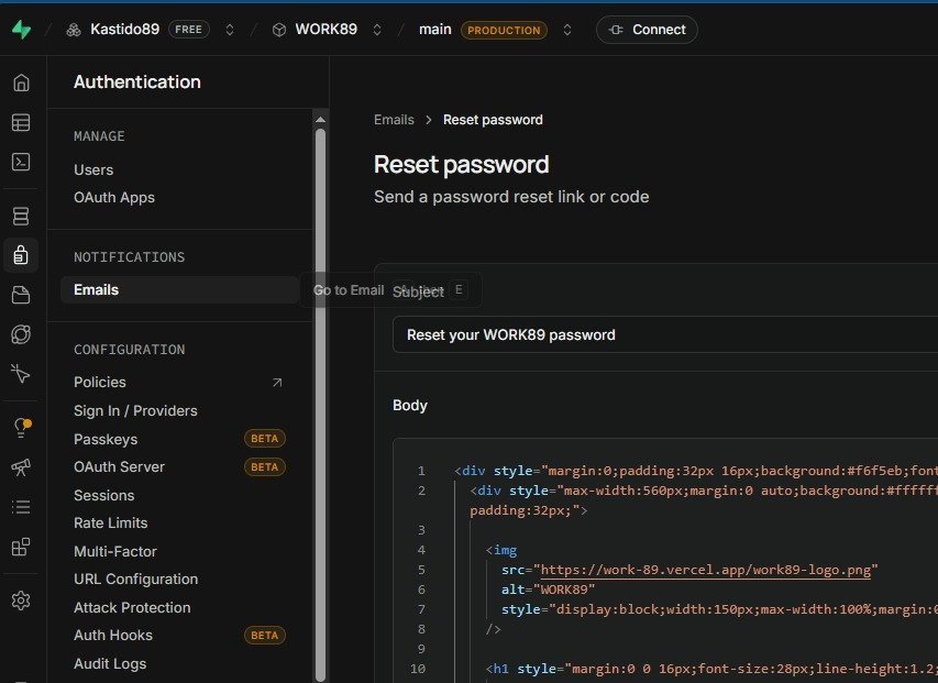 _Kastido's tweet photo. I successfully created a new Zoho email for @Work89App, configured it on @supabase .. Reset Password works fine. Now setting up a template so the email can match WORK89 colours.. I should be getting paid for this work 😀🌱💚 https://t.co/T8rIX2bcGA