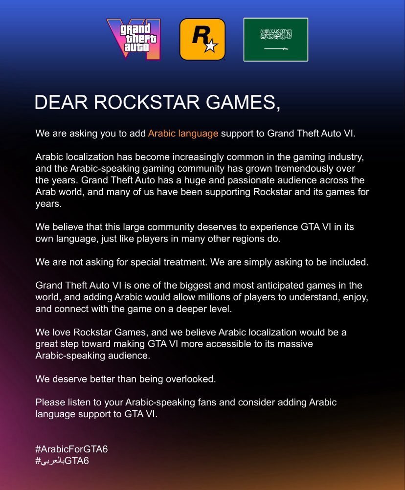 malsaedy1's tweet photo. Dear @RockstarGames

Millions of arab players play your games. It's time to give back to this huge community 
We just want arabic sub #ArabicForGTA6 https://t.co/qEzvK91Vvu