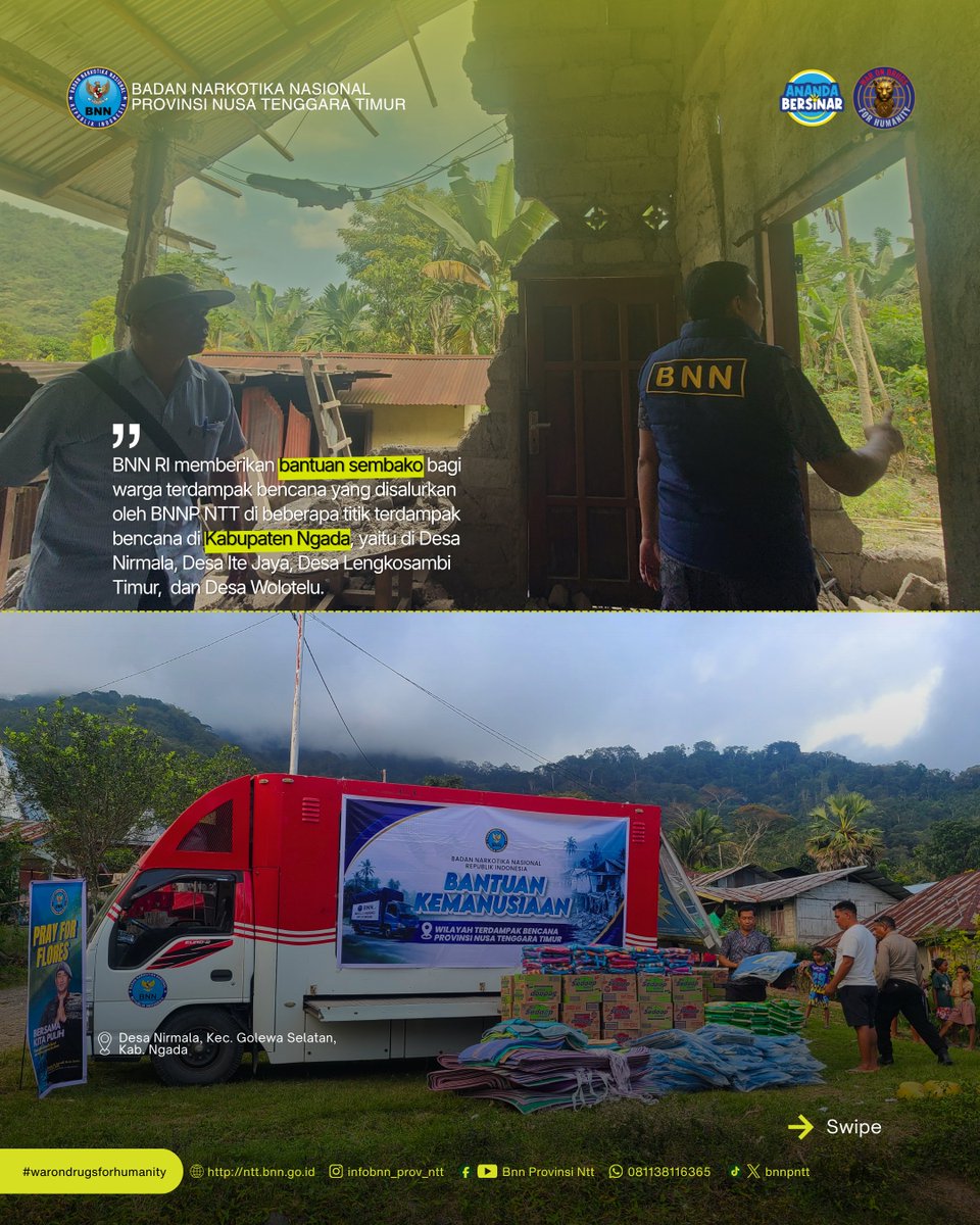 bnnpntt's tweet photo. ⚠️ BNN PEDULI 🫱🏽‍🫲🏾
BNN RI memberikan bantuan kepada korban terdampak bencana gempa bumi M7,7 di Flores pada 15 Agustus lalu, yang disalurkan oleh BNN Provinsi NTT di Kabupaten Ngada.

#PrayForFlores #indonesiabersinar #nttbersinar https://t.co/JTMdqRM8Wy
