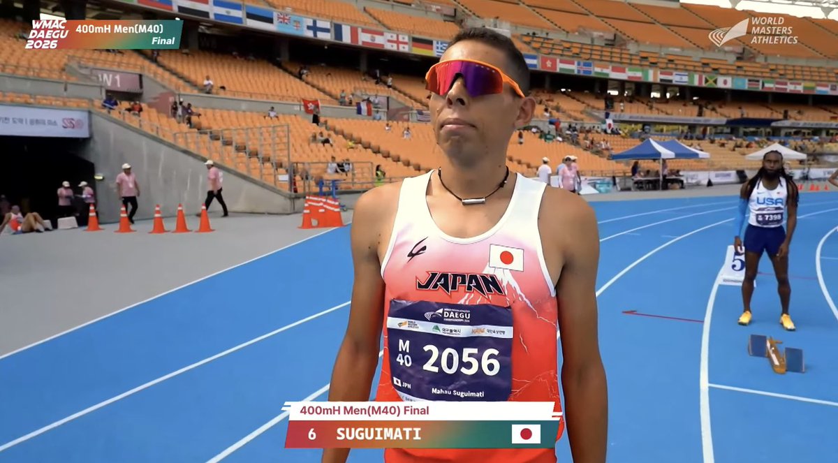 SUN__PRIDE2022's tweet photo. 【SUNPRIDE TC】
2026世界マスターズ陸上競技選手権in大邱🇰🇷
200m
#杉町マハウ 22.43 -0.7 M40/5位入賞
400mH
杉町マハウ 51.83 CR M40/優勝🥇
宮尾幸太郎 52.16 M35/準優勝🥈
#スパイラル株式会社 #リックキッズ株式会社 #akabane_car #windlope #K2project #株式会社Ruby #世界マスターズ https://t.co/TD9CtXBK5h