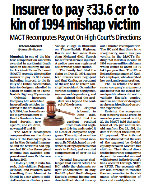 themahavir's tweet photo. 32 yrs later - insurer to pay Rs. 33 Cr for a car mishap.

A based Indian earning 1M dirhams had passed away in 1994

Insurer was disputing the income, dependency in courts so far.

Interestingly the actual award is 8.8 Cr - the rest is 32 yrs simple interest!!

Without an insurance, this money would have gone from the lorry owner's pocket.

Always ensure your third party insurance is renewed on time for all vehicles you own.