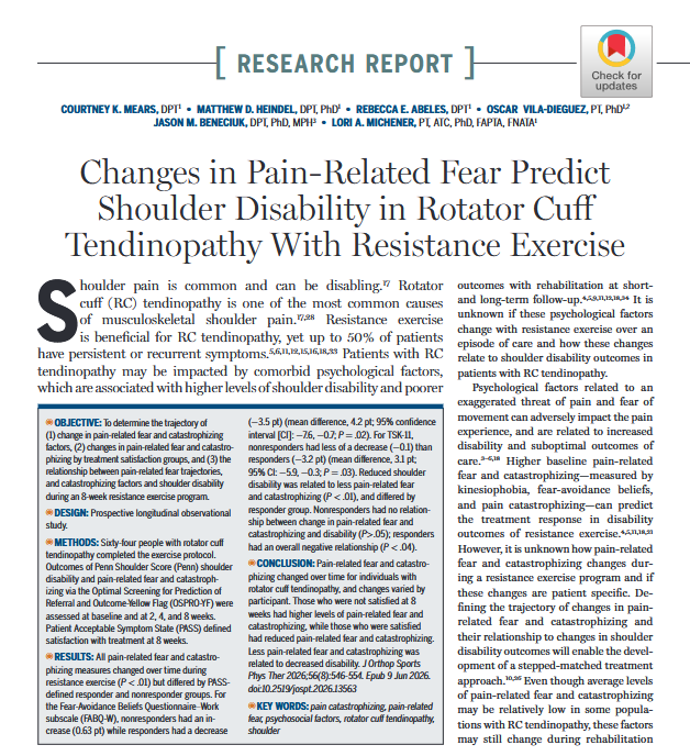 JOSPT's tweet photo. Are you measuring pain-related fear in your patients w/ #RotatorCuff tendinopathy 🤔
Our #ResearchReport details an investigation of how an 8-week exercise protocol affected pain, fear & patient symptoms affecting their shoulder
Read ➡️ https://t.co/DWX6DZwbWZ
#yourJOSPT https://t.co/5KMSMf2tFs