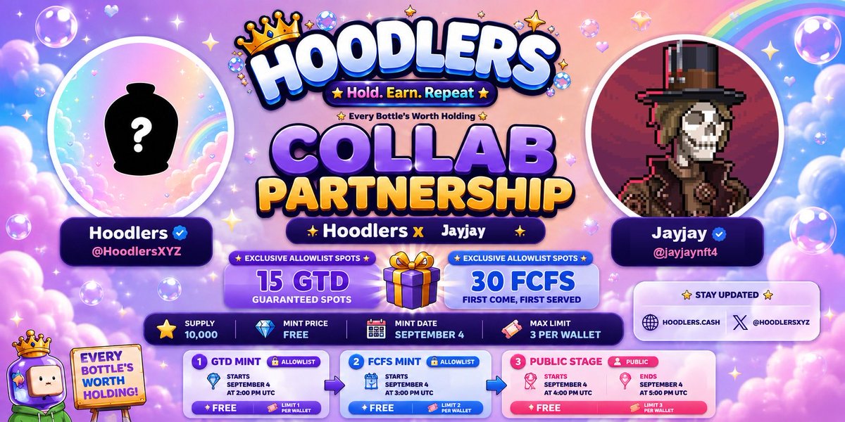 jayjaynft4's tweet photo. FREE MINT GIVEAWAY!

GIVING AWAY 15 GTD AND 30 FCFS FOR @HoodlersXYZ 🥳

To join:
1. Follow @jayjaynft4 &amp; @HoodlersXYZ 
2. Like and RT this tweet
3. Tag 3 friends and Drop your EVM wallet! 

Winners will be drawn in 48 hours via Twitter Picker! https://t.co/gnjgDgnWY0