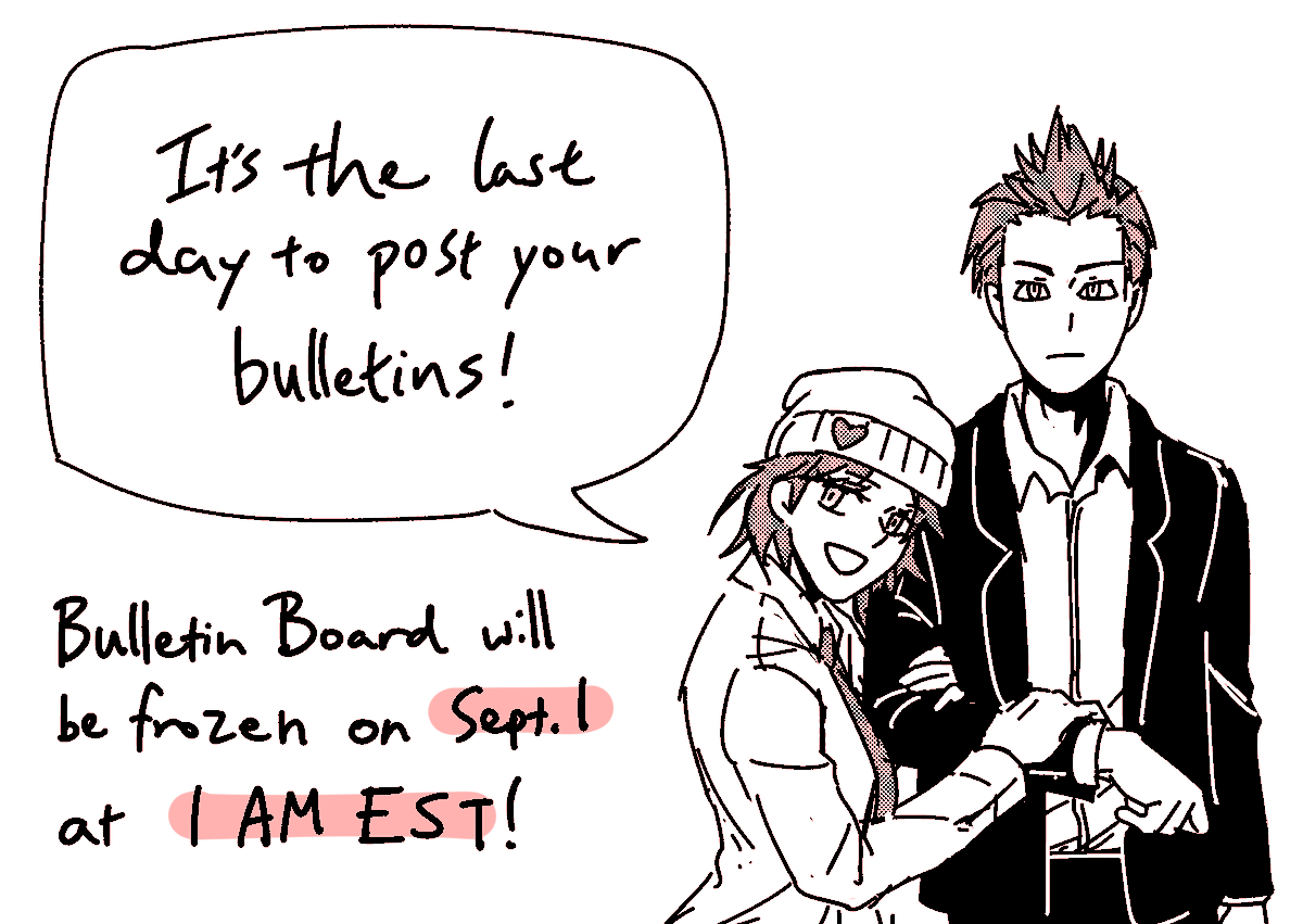 DRRRBulletin's tweet photo. Mika has a reminder for you ^_^
It's the last day to submit bulletins! We've currently got 28 postings so far-- if you've been refining your list to make sure you've covered all your bases, now is the time to hit post!
#drrr #デュラララ
Link to the bulletin board in replies: https://t.co/dvgaaPz6jU
