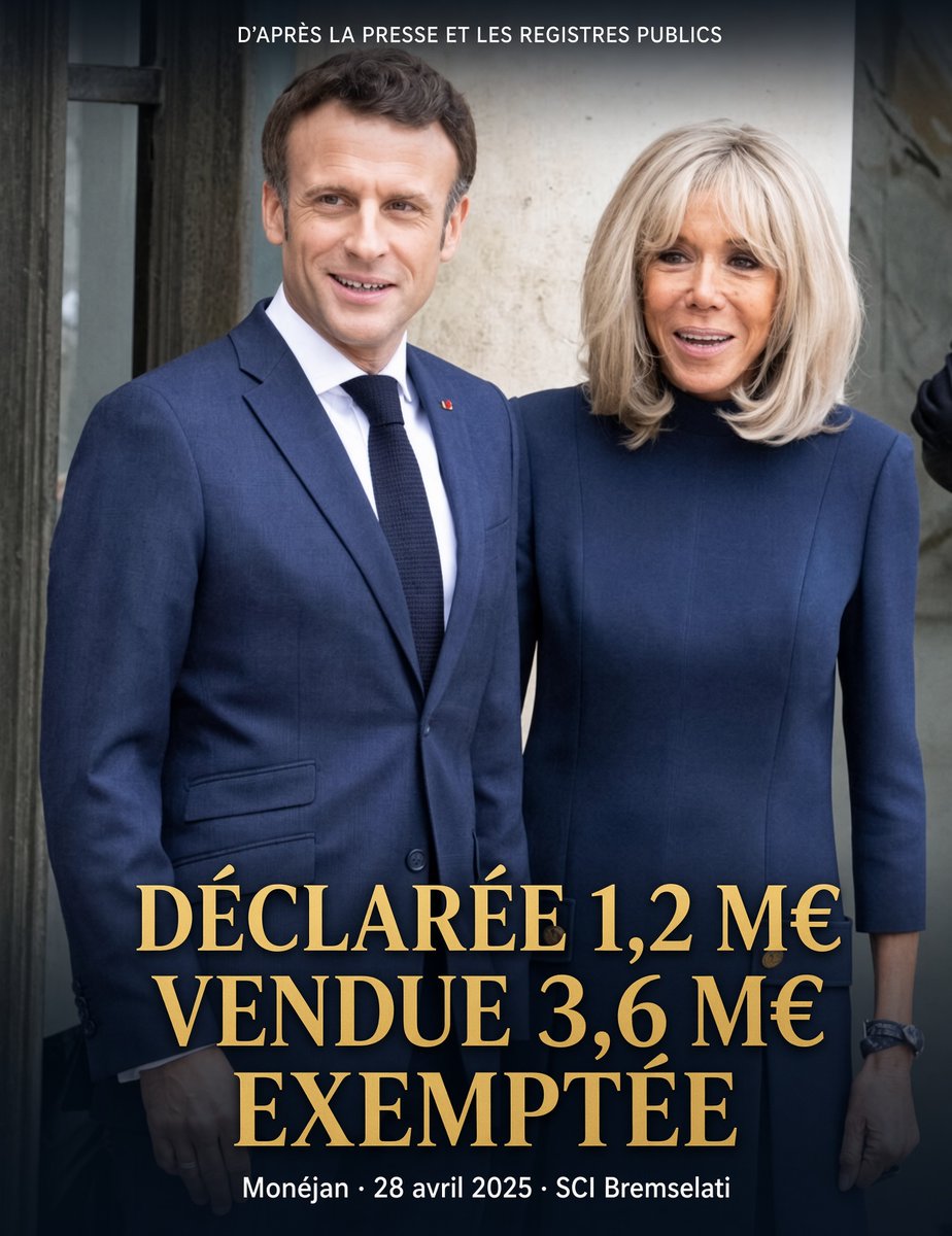 QuentinCad31672's tweet photo. Déclarée 1,2 million. Vendue 3,6. Exemptée. 💰  
D’après la presse et les registres publics.

Le 28 avril 2025, chez un notaire parisien, Brigitte Macron vend la villa Monéjan. 
3,6 millions d’euros, plus 309 000 € de frais. 
Acheteur : 
Patrick Pawletta, promoteur à Arras, boutiques de luxe dans le triangle d’or. L’acte, lu par Le Canard, retient l’offre pour son « caractère exceptionnel ». 
Le bien est un héritage de 1985. Détention de plus de 22 ans : 
plus-value exonérée. 
Pas un montage offshore. La loi française. ⚖️

Le chiffre qui fait mal n’est pas 3,6. 
C’est 1,2. 📉

2014. Ministre de l’Économie. 
Le couple déclare Monéjan 1,2 million. Seuil de l’ISF : 
1,3. On passe en dessous. 
Le fisc recale à 1,45. 
Redressement 2013-2015, une note d’environ 10 000 €. 
En 2022, les agents du Touquet parlent déjà de 2,7 millions. 
En avril 2025, c’est 3,6. 
Entre-temps, le 30 décembre 2017, sept mois après l’élection
 l’ISF a disparu. 🏛️

Février 2025, deux mois avant la vente : naissance de Bremselati. 
SCI, 1 000 € de capital. 
Gérante : 
Brigitte. 
Associés : Emmanuel, Sébastien, Laurence, Tiphaine. 
Elle achète, boulevard Jules-Pouget, une villa vue mer affichée autour de 1,85 million. 
Permis d’étendre. 🌊 
En décembre, le siège quitte le 16 Saint-Jean et s’installe au Mistral, la nouvelle adresse. 
Dans ses déclarations HATVP de 2017 et 2022, Emmanuel Macron n’avait aucun bien immobilier. 
Là, pour la première fois, il est propriétaire. 
Via des parts. 
Pas en son nom seul. 🔑

À l’été 2026, le chantier est encore vide. La police le garde. 🚨 
Plus au nord, la même police court après les dinghies.

On peut tout aligner sur le Code : héritage, exonération, SCI familiale, permis. 
C’est vrai. 
Ça ne ferme pas le dossier. 
Ça le cadre.

Ce qui reste, c’est la séquence, et elle tient en une ligne : sous-évalué quand l’impôt existait, impôt effacé une fois élu, culbute une fois président, premier toit à dix-huit mois de mai 2027.⏳

Esprit, les pertes, le conseil jusqu’en 2020 : 
du prestige déjà encaissé. 
L’argent est dans l’acte du 28 avril.