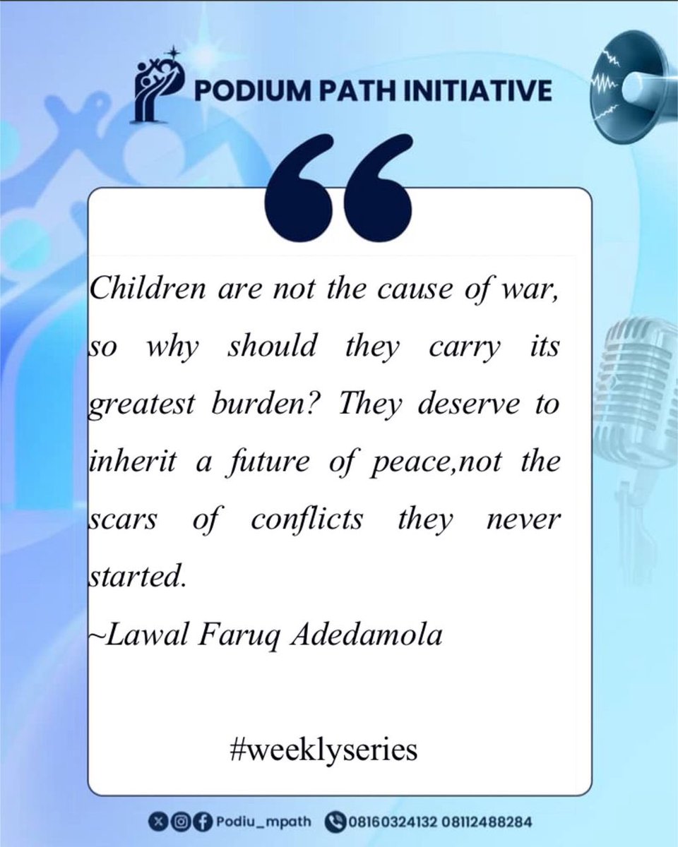 Podiu_mpath's tweet photo. Children must be protected from war and abuse. Every child deserves to grow where there is peace. No child must suffer for what they know nothing about. The rights of children also matter

#PodiumPathInitiative
#WeeklySeries https://t.co/QZVGjn6zug