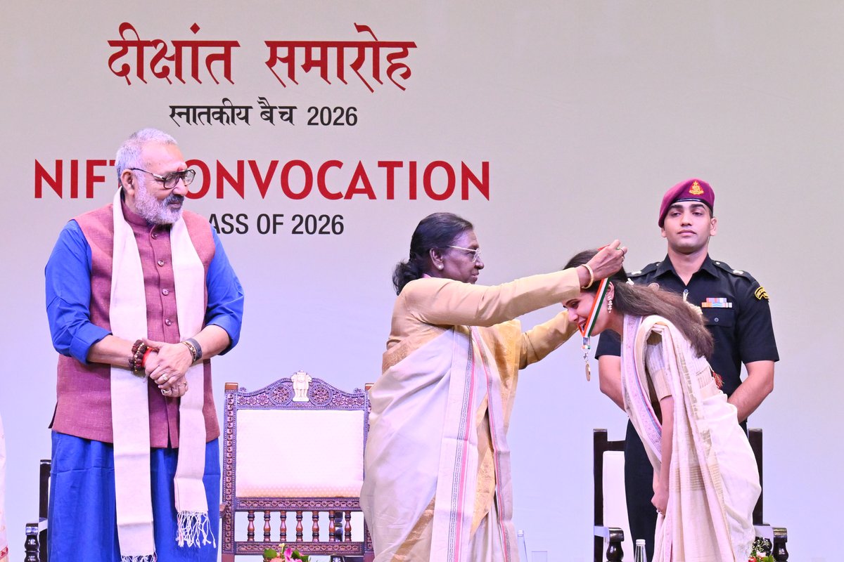 rashtrapatibhvn's tweet photo. President Droupadi Murmu graced the combined convocation ceremony of 18 National Institute of Fashion Technology (NIFT) Campuses in New Delhi.

The President said that today, our country is expanding its role on the global stage with far greater confidence than ever before. Fashion Technology is a field with immense potential to enhance India’s global footprint. She urged the students to maintain a global outlook while remaining firmly connected to their roots and the core values of our culture.