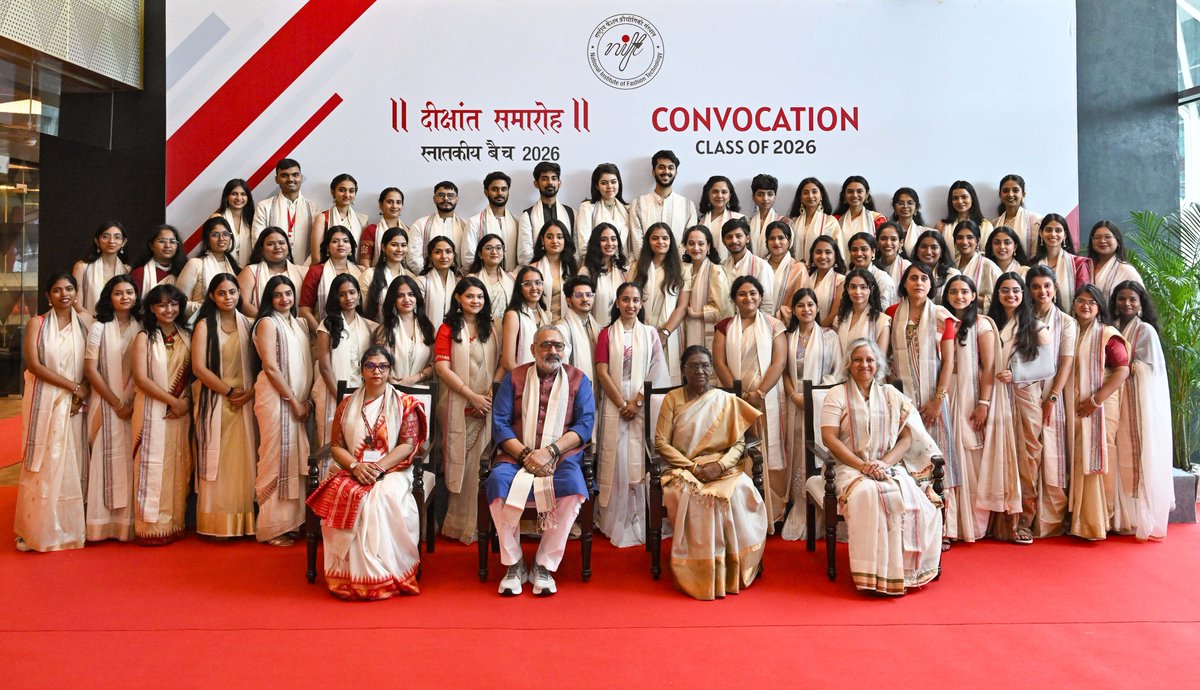 rashtrapatibhvn's tweet photo. President Droupadi Murmu graced the combined convocation ceremony of 18 National Institute of Fashion Technology (NIFT) Campuses in New Delhi.

The President said that today, our country is expanding its role on the global stage with far greater confidence than ever before. Fashion Technology is a field with immense potential to enhance India’s global footprint. She urged the students to maintain a global outlook while remaining firmly connected to their roots and the core values of our culture.