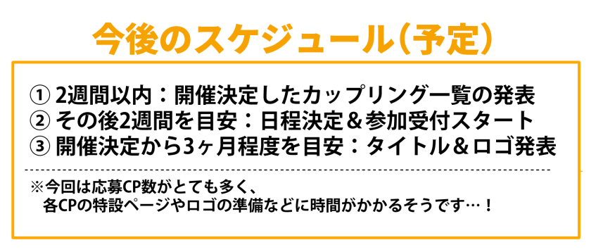 negipepepe's tweet photo. 【訂正】
主花オンリーの件につきまして、赤ブー様に確認したところ、2週間以内に決まるのは『開催カップリング一覧』のみとのことでした…！大変失礼いたしました🙇‍♀️

今後のスケジュールは、画像の通りとなります。タイトル発表まで、ぜひ楽しみにお待ちいただければと思います！🥳✨ https://t.co/xgYRETt36W