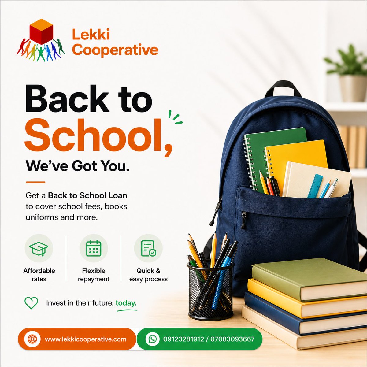 Lekkicoop's tweet photo. With the Lekki Cooperative Back to School Loan, you can get the financial support you need to prepare for the term without putting everything on hold.

✓ Affordable rates
✓ Flexible repayment
✓ Quick &amp; easy process

Invest in their future, today. https://t.co/EprcMQJeOE