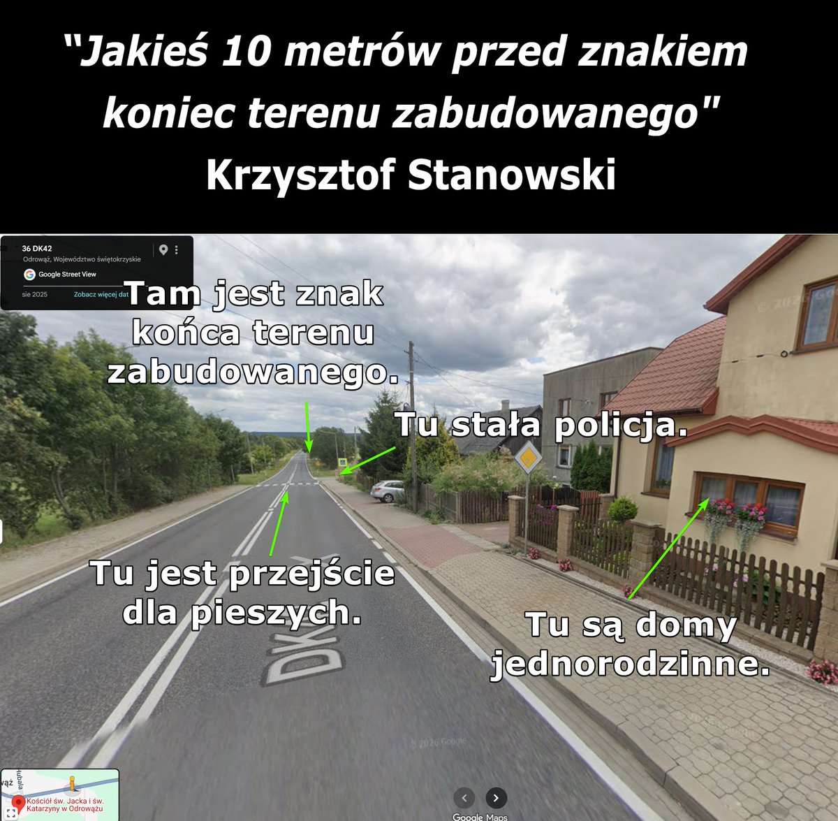 rzep8's tweet photo. Na podstawie tego wpisu możemy sobie zobaczyć dokładnie miejsce, gdzie @K_Stanowski rzeczywiście przekroczył prędkość:

- przed przejściem dla pieszych
- obok domów jednorodzinnych

Rzeczywiście, "piękna droga, żeby depnąć". https://t.co/zYopcUsYGK