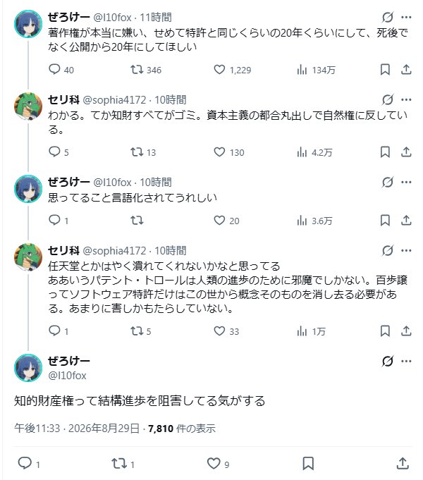 V7NnRqa0uZbvFqZ's tweet photo. 「著作権が本当に嫌い」

「知財すべてがゴミ」

「任天堂とか人類の進歩のために邪魔でしか無いから潰れて欲しい」

生成AIユーザーさん、また伝説作っちゃったのか。 https://t.co/YNH3JeESjI