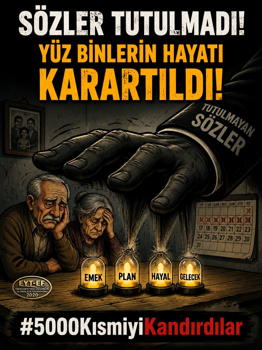 mkolmez's tweet photo. EYT
👇
#5000KısmiyiKandırdılar

Sözü veren Bakandı.
Güvendik.

“99 öncesi şartlar” dedi.
İnandık.

Ama sözler tutulmadı
5000 Kısmi kandırıldı.

Yüz binlerin hayalleri yıkıldı,hayatı karartıldı.

Unutulmayacak,
Hesabı sorulacak.

#EmeklileriSüründürüyorlar
@RTErdogan
@isikhanvedat https://t.co/eThr93SrFm