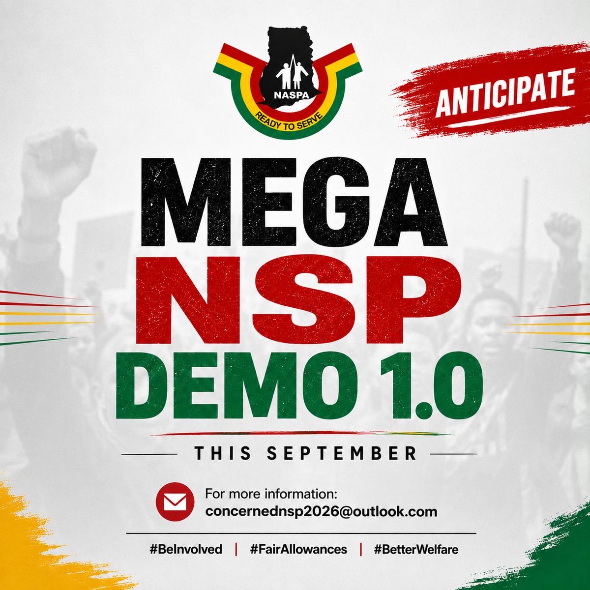 concernedNsphub's tweet photo. THIS SEPTEMBER!!!🔥*
We hit the road, we raise our voice, and we seek redress.
Join us for the *Mega NSP Demo 1.0.*
@tv3_ghana @Channel1TVGHA @utvghana
.#BeInvolved
.#FairAllowances
.#BetterWelfare https://t.co/cz7nNvHsTp