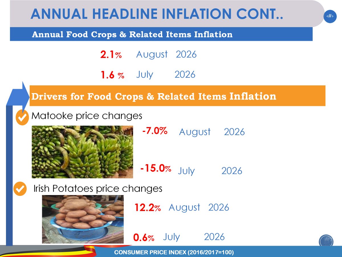 StatisticsUg's tweet photo. As per the August annual Inflation findings , there has been a notable increase in price for items such as rice,maize grain, Nile perch, cassava flour and maize flour. 

Relatedly, the price of Matooke, Irish potatoes, mangoes, and pineapples have realised an increase in price. 
#InflationUganda 
#InflationAug2026 
#UBOSUpdates