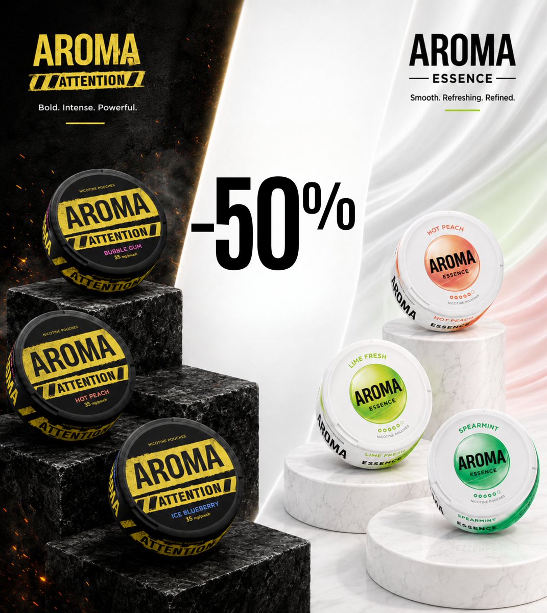 Europesnus5's tweet photo. 🔥 𝗔𝗥𝗢𝗠𝗔 𝟱𝟬% 𝗢𝗙𝗙 🔥

Bold. Intense. Powerful. 💥

Save 𝟱𝟬% on the entire AROMA range  from 𝗔𝗥𝗢𝗠𝗔 𝗔𝗧𝗧𝗘𝗡𝗧𝗜𝗢𝗡 to 𝗔𝗥𝗢𝗠𝗔 𝗘𝗦𝗦𝗘𝗡𝗖𝗘.

Two ranges. Two experiences. One big offer. ⚡

𝗟𝗶𝗺𝗶𝘁𝗲𝗱 𝘁𝗶𝗺𝗲 𝗼𝗻𝗹𝘆 — offer ends September 6th!

🔗 Shop now at EuropeSnus: https://t.co/bkAdzf89Vw

#AROMA #NicotinePouches #EuropeSnus