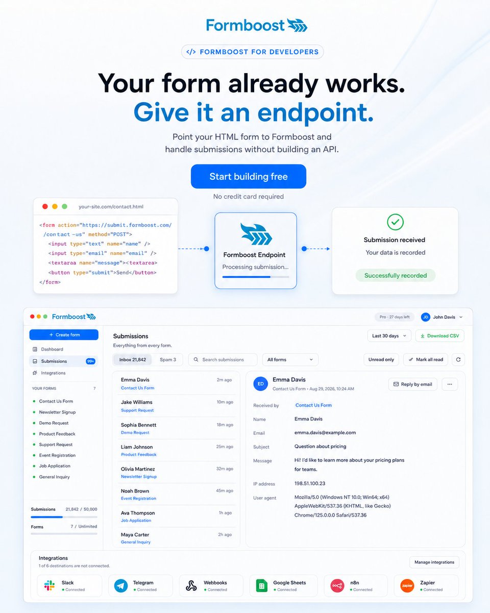 ritu_fadadu's tweet photo. Your form already works. 
It just needs an endpoint.

Connect any HTML, React, Next.js, Vue or frontend form to Formboost and start receiving submissions without building a backend.

Free to start. No credit card required.
https://t.co/WaBOWq0MkY

#webdev #developers #SaaS #Forms https://t.co/cc40Fzz7wp