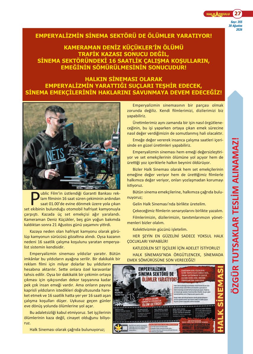 HalkSinema1928's tweet photo. Halk Okulu Dergisi'nin 355. sayısında yer alan haberlerimizi ve yaşamını emperyalizmin sinema anlayışı yüzünden kaybeden kameraman Deniz Küçükler ile ilgili yazılı açıklamamızı paylaşıyoruz; https://t.co/i9TB4bA0Cq