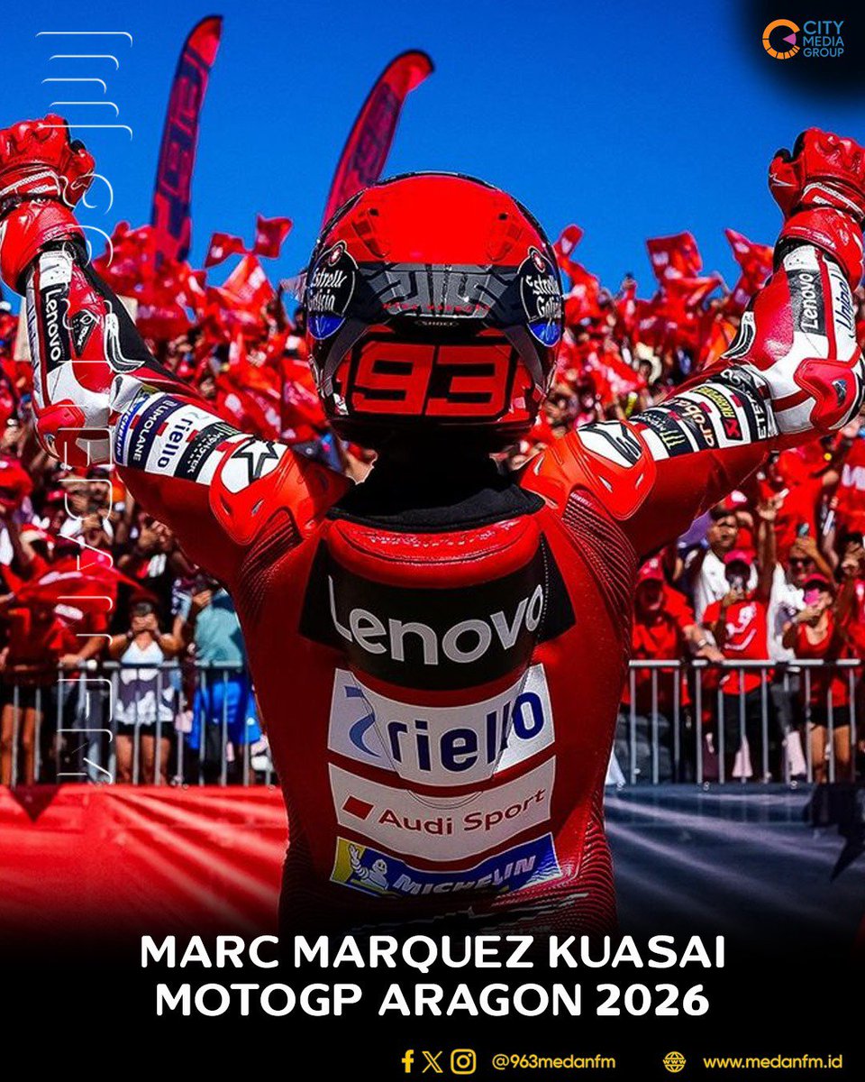 963MedanFM's tweet photo. Pembalap Ducati Lenovo, Marc Marquez sukses menguasai MotoGP Aragon 2026 di hari Minggu (30/8/2026).
https://t.co/nx6pob0eQI
Sumber: https://t.co/9Vd1k9lgOC
#medanfmnews #medanfmmakinhits
#marcmarquez #ducati #aragongp
#motogp #motorsport https://t.co/5CfjhJ6HJ2