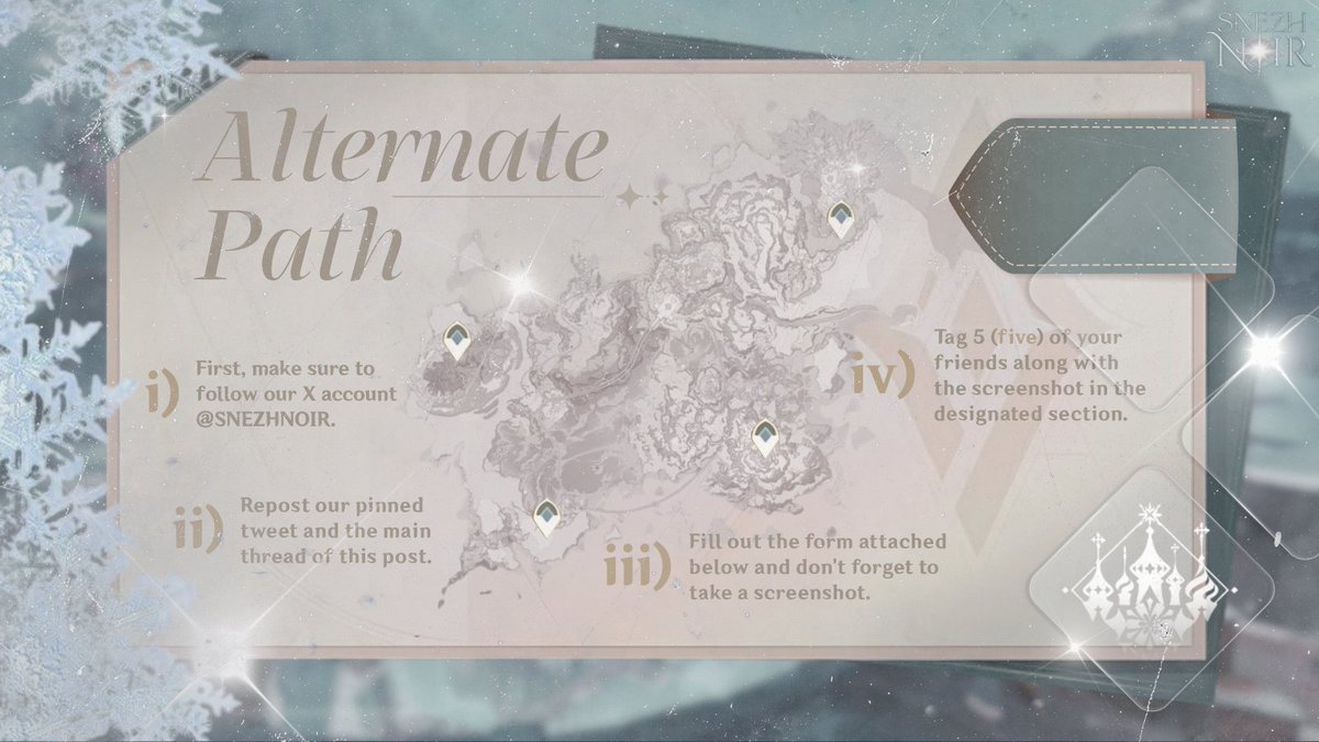 SNEZHNOIR's tweet photo. ㅤ
In the thick of snowstorms roaring across the
sky, seek  shelter  from  the raging  storm and
biting  frost,  tread  across  the solemn frozen
wastes  and  attain  to  the  Nation  of  Eternal
    Winter  in   the  Frigid  North  of   Teyvat.  ❅
ㅤ https://t.co/Rl0l51I9q8