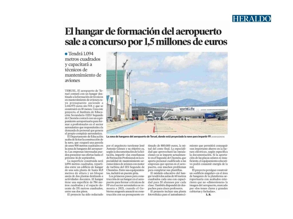 cmsusin's tweet photo. ✈️ La licitación del #hangar del Aeropuerto de Teruel conlleva una inversión de 1,7 millones, cofinanciado con el #FITE

🔗 https://t.co/LAXpE3Hc23

📰 @heraldoes

Los estudiantes de #FP contarán con instalaciones de vanguardia para especializarse en mantenimiento de aeronaves https://t.co/eEzxwe3lfz