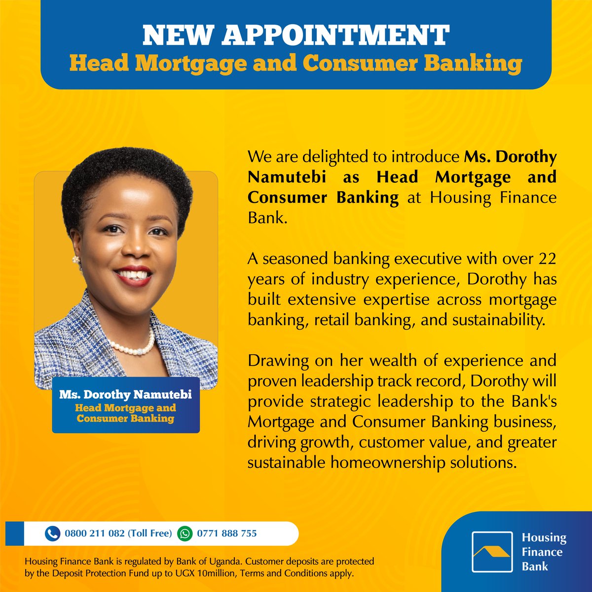 housingfinanceU's tweet photo. Congratulations to Ms @DorothyNamutebi on her appointment as Head Mortgage and Consumer Banking at Housing Finance Bank.

Having journeyed with HFB, Dorothy brings a deep understanding of our business, our people and the ambition that continues to move us forward.

As she takes on this new role, we look forward to her experience, perspective and leadership in shaping the Bank’s next chapter.