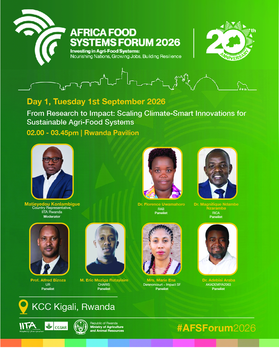 IITARWANDA's tweet photo. Don’t miss this side event at #AFSF2026 exploring the intersection between research and impact! 

A dynamic panel from @IITARWANDA, @Uni_Rwanda, @RwandaAgriBoard, @RICA_Rwanda, @AKADEMIYA2063, @ImpactSFHub will discuss how to scale innovations for resilient agri-food systems. https://t.co/fxxASJIyrw