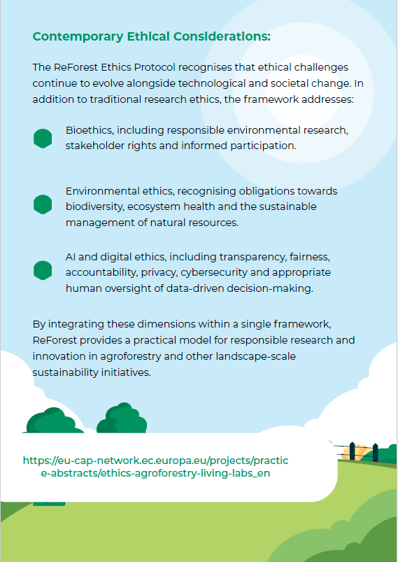 ReForestTweets's tweet photo. 🔎 Who owns farm data? How should AI & drones be used responsibly? And how do we protect people AND the environment?
ReForest Practice Abstract #7 explores how ethics can be embedded into #Agroforestry Living Labs from the start.
#ReForest #ResearchEthics #ResponsibleInnovation https://t.co/KtE4hO29kW