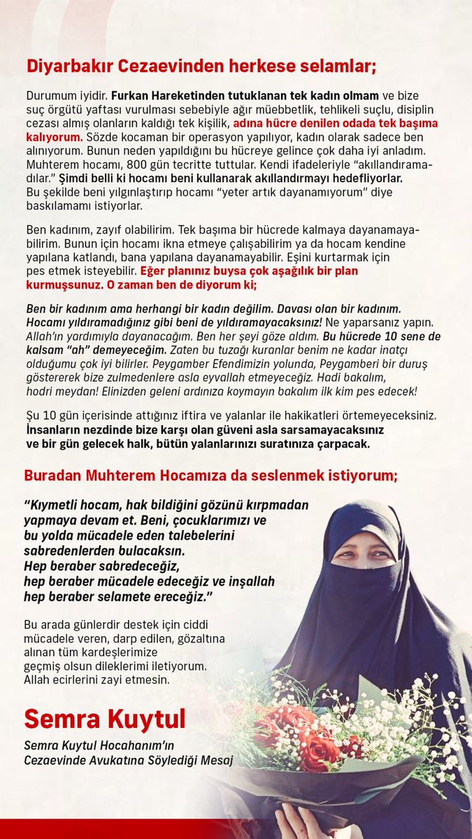 seymaakdagoglu1's tweet photo. Ah benim canım hocam 😔 Kıymetli hocamın vefakar cefakar fedakar eşi… Sizi asla yalnız bırakmayacağız onlar pes edene kadar biz mücadele etmekten geri durmayacağız, sizin gibi bir dava kadının talebesi olmaktan gurur duyuyoruz 🤍☝️ 
“Çiçek gibi insanların kalbini kırdınız bahçeleriniz bahar görmesin…”

Cezaevinde İşkence
Hocamıza SürgünZulmü
AlparslanKuytulu SerbestBırakın
SemraKuytulu SerbestBırakın