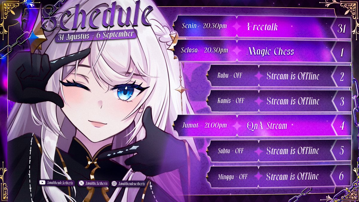 AmaltheAetheris's tweet photo. 🌙🕯Weekly Schedule 🌙🕯
Soree, waktunya menurunkan schedule minggu ini🤍✨
📆 31 Agustus - 6 September 2026 📆
・General : #AmaltheadeAetheris
・Fanart : #TheaLukis
・Clip : #TheaRewind
・Meme : #TheaKotak
・Live : #TheaLive
・Fanfic/Au : #DearThea https://t.co/tvmcXtgPIT
