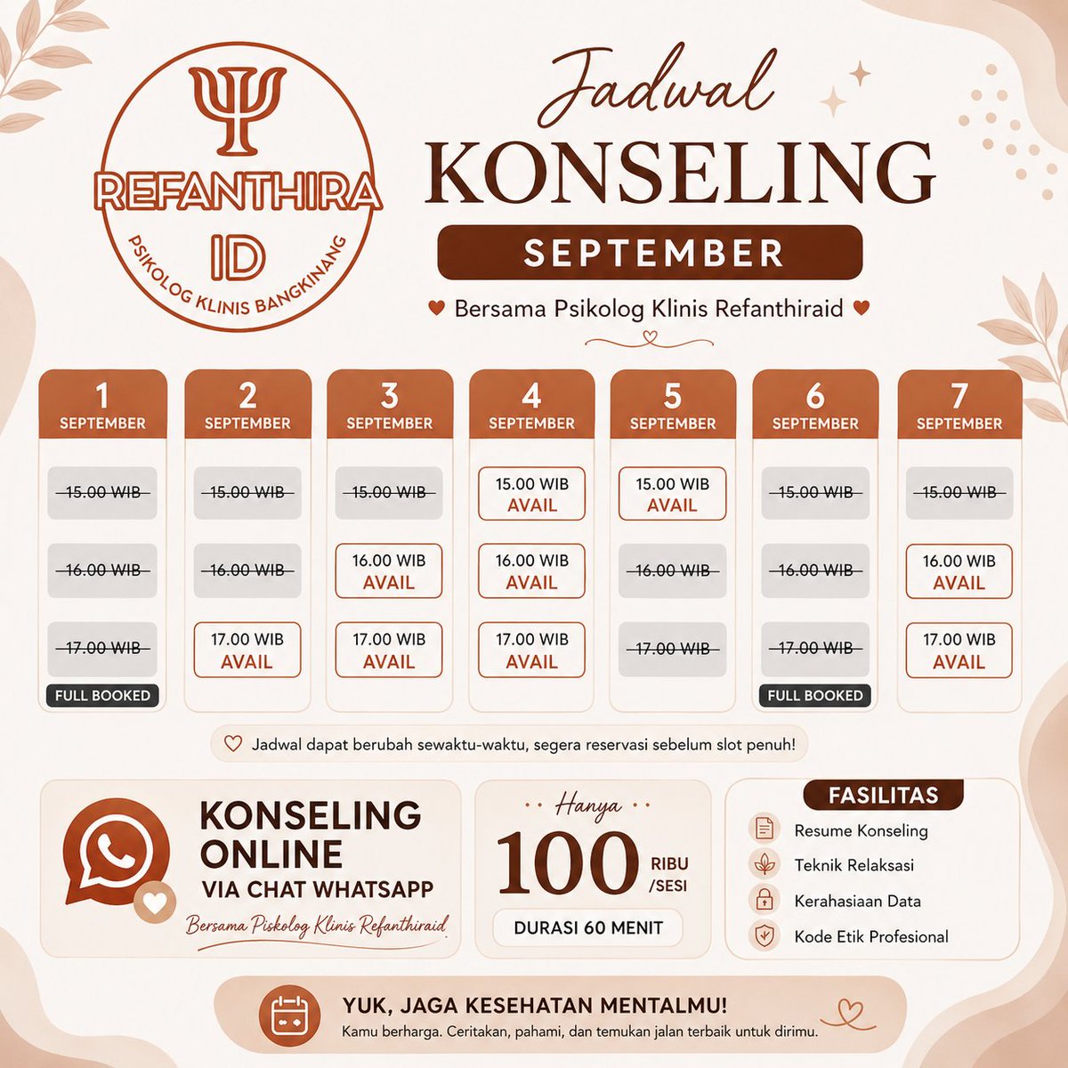 refanthiraid's tweet photo. Daftar Yuk! 
Kamu berhak didengar tanpa dihakimi.
Temukan ruang aman untuk bercerita bersama Refanthiraid.
100K/sesi.
📲 WhatsApp: 0823 2470 4747 https://t.co/PvyUvzMszI