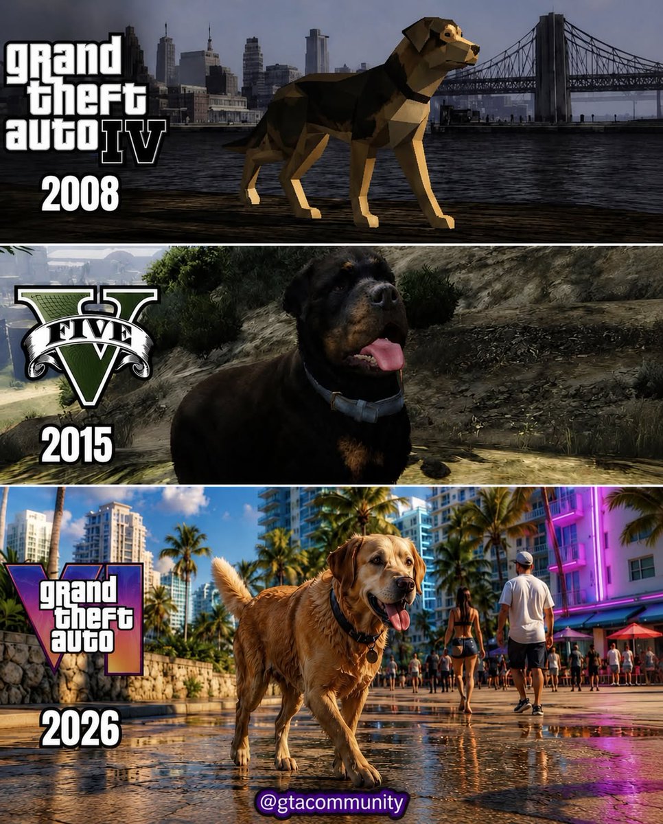 PR0VAP's tweet photo. This is how far GTA has come in 18 years. 🐶👀

GTA IV’s dog. GTA V’s dog. And a fan-made vision of what GTA 6 could look like.

If Rockstar gives Leonida this much detail-even in its animals-the world is going to be insane. https://t.co/okcLKX2vZ8