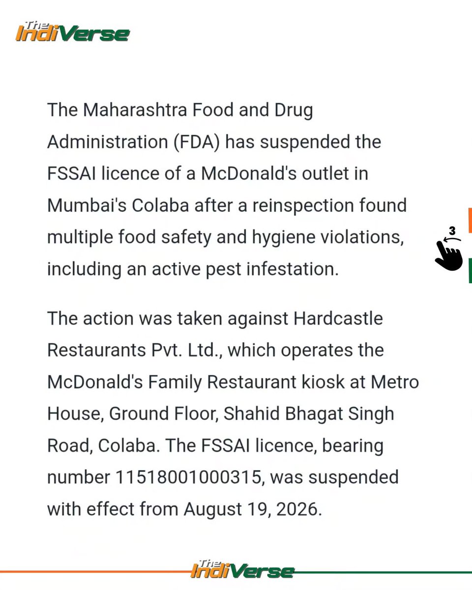 jacksonpage615's tweet photo. Maharashtra FDA has suspended McDonald’s Colaba food licence after a reinspection found serious hygiene and safety violations, including cockroaches, poor cleanliness and refrigeration issues. The outlet cannot operate until cleared. https://t.co/zKPKuZQdgx