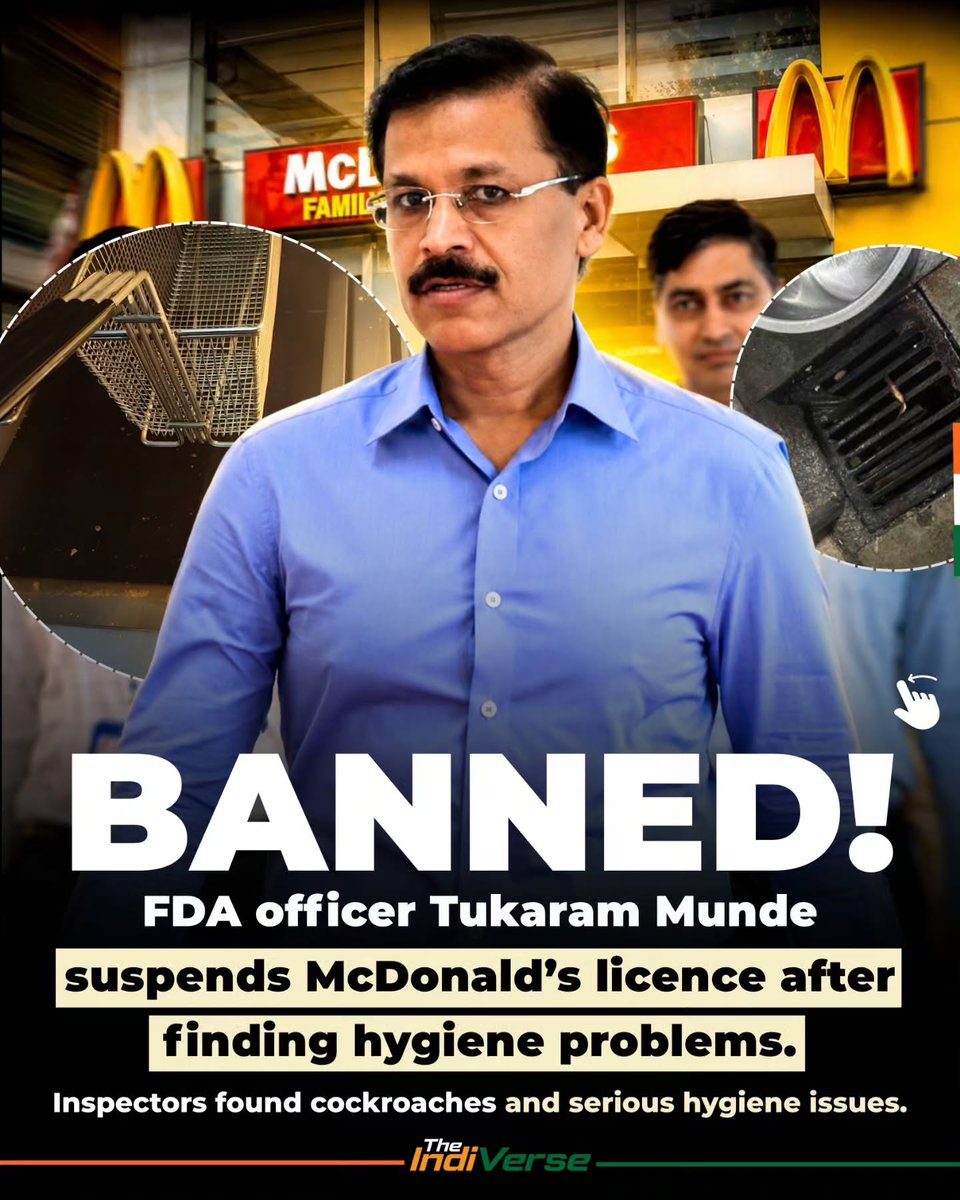 jacksonpage615's tweet photo. Maharashtra FDA has suspended McDonald’s Colaba food licence after a reinspection found serious hygiene and safety violations, including cockroaches, poor cleanliness and refrigeration issues. The outlet cannot operate until cleared. https://t.co/zKPKuZQdgx