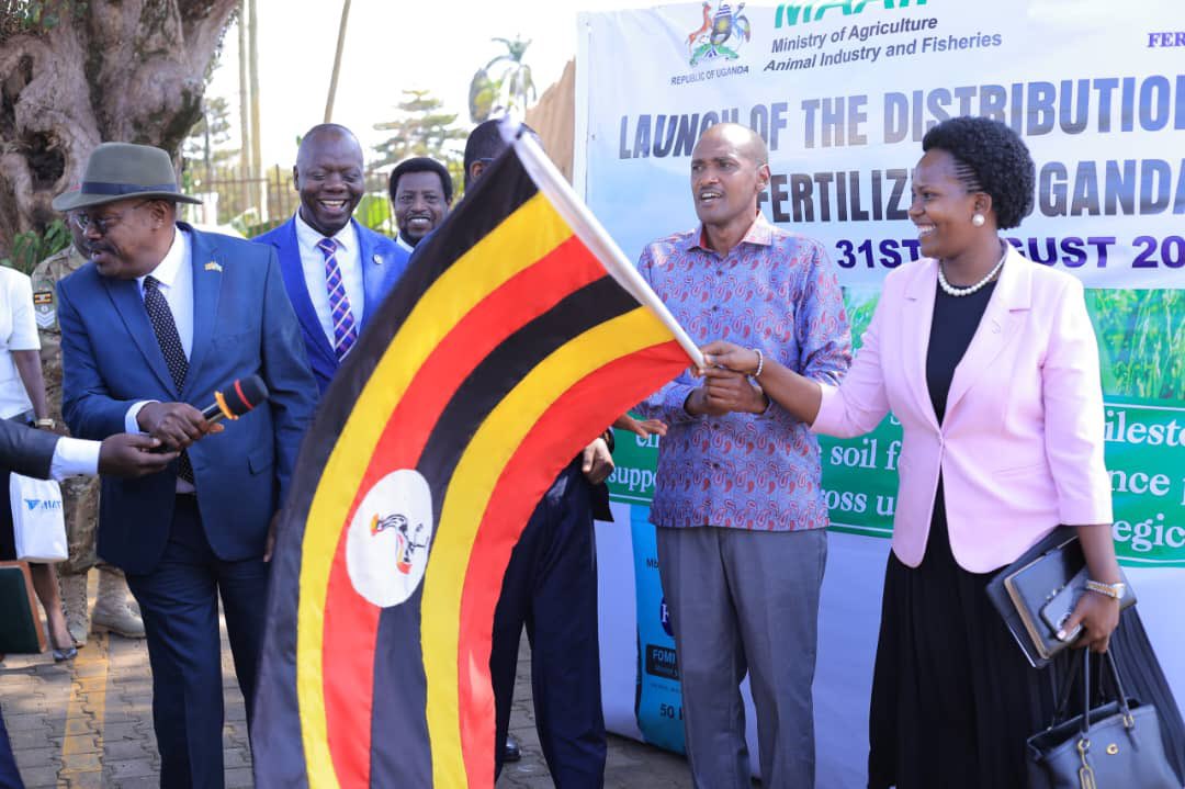 GCICUganda's tweet photo. GOVERNMENT LAUNCHES FERTILISER DISTRIBUTION TO FARMERS.

The Government has launched the distribution of 173,913 bags of fertiliser to targeted farmers across Uganda, with the goal of restoring soil fertility, boosting productivity and improving household incomes.

The fertiliser, procured from ITRACOM Fertilizers Uganda, will be distributed free of charge to eligible farmers and farmer groups, particularly those involved in strategic value chains such as coffee, tea and cocoa.

Speaking at the launch, Agriculture Minister Hon. Frank Tumwebaze emphasised the importance of using the right inputs, in the right quantities and at the right time, guided by soil testing and agricultural extension services.

MAAIF has also put measures in place to ensure transparency and accountability. The fertiliser will be clearly marked “Government of Uganda – Not for Sale”, and beneficiaries will not be charged.

The intervention is part of Government’s wider effort to move farmers from low productivity subsistence farming to commercial, productive and profitable agriculture.

Ultimately, the success of the programme will be measured by what happens on the farm, better yields, higher incomes and improved livelihoods for Ugandan farmers.
#OpenGovUg