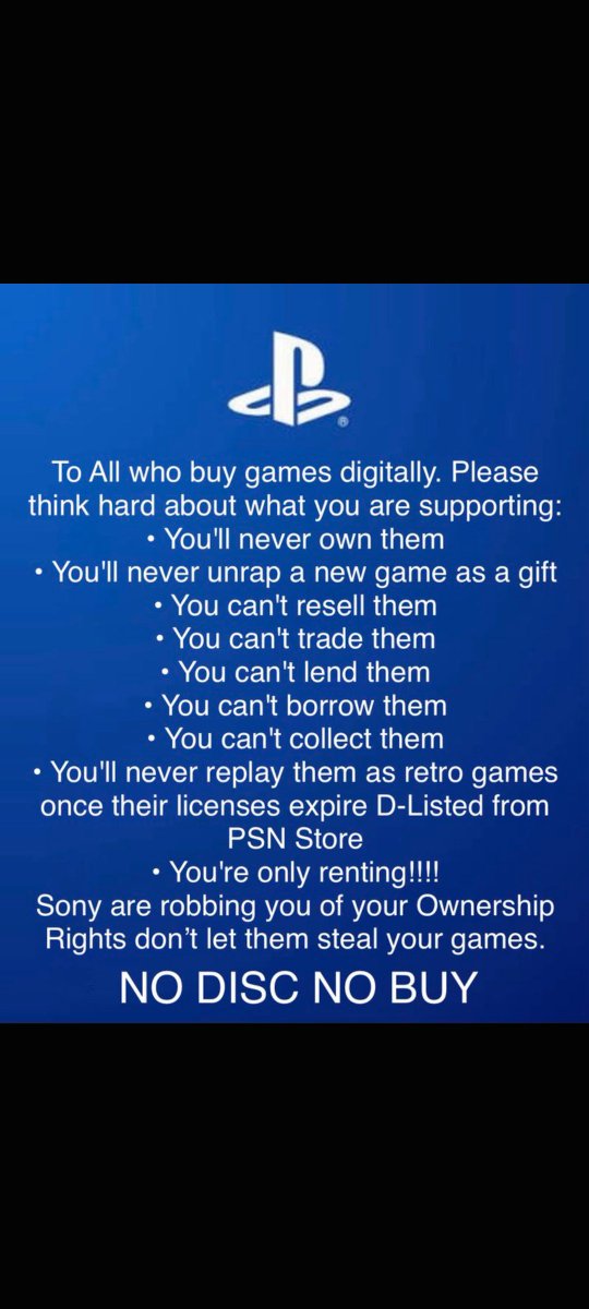 CrossSlashGame1's tweet photo. @PlayStationDE #NoDiscsNoBuy 
#NoDiscNoPS6 
#NoDiscNoBuy 

Stay physical people 💿💪 https://t.co/vi7exFY41e