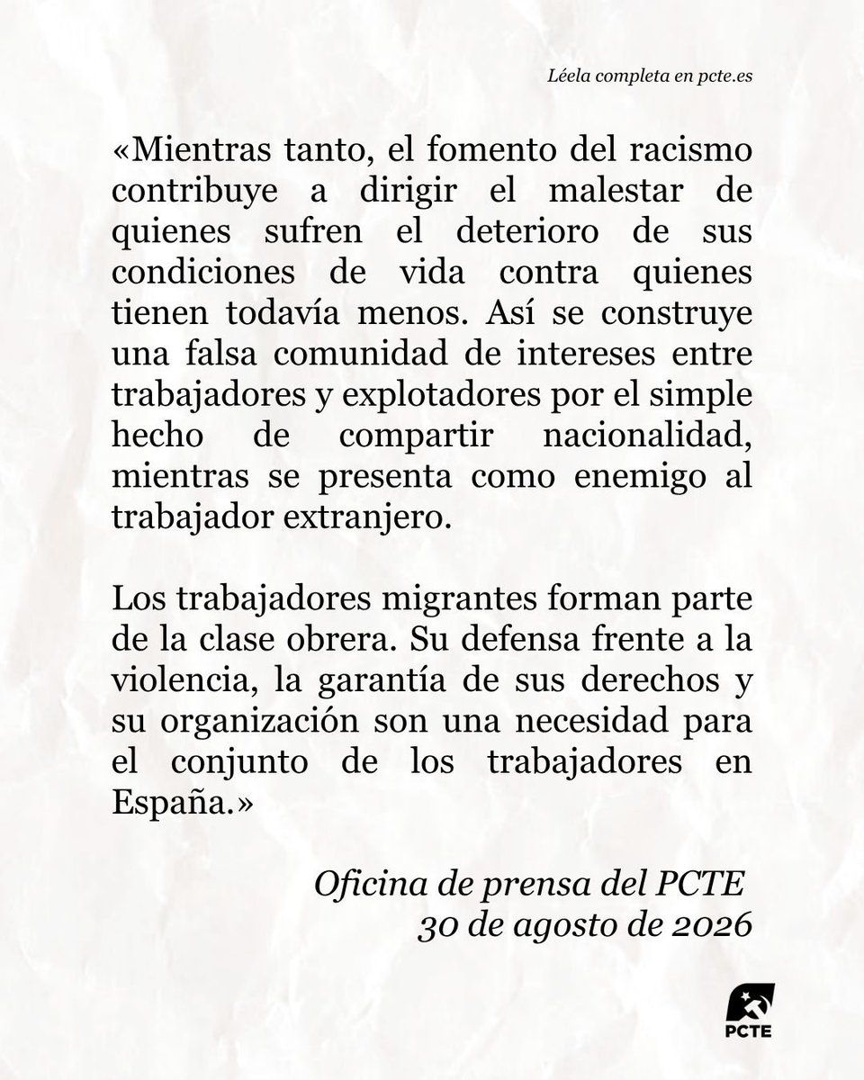 _PCTE_'s tweet photo. 📰 Nota de prensa: Ante la escalada racista y la crisis migratoria en Ceuta.

«El PCTE llama a la clase obrera y a los sectores populares a rechazar cualquier intento de convertir la crisis de Ceuta en una guerra entre pobres, a combatir el racismo y la xenofobia en los barrios y centros de trabajo y a exigir responsabilidades a quienes sí tienen capacidad para resolver la situación».