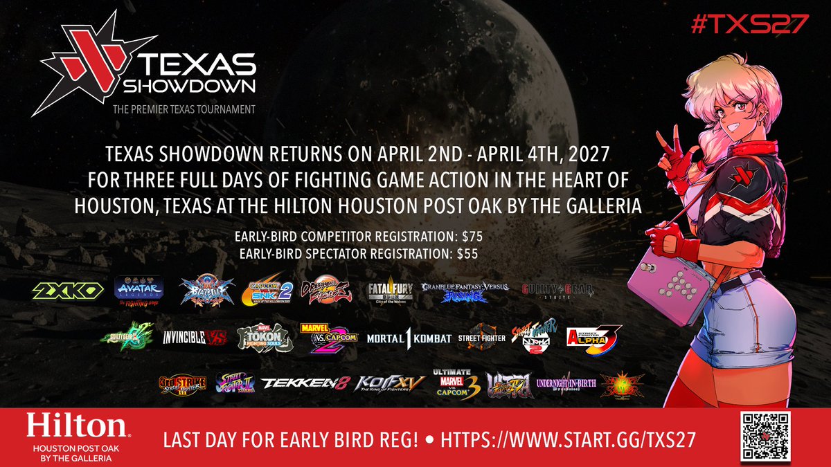 Texas_Showdown's tweet photo. NOTE:
This is a reminder to save money on registration TODAY for #TXS27 - early-bird prices will end at 11:59 PM CDT!
Get some savings from venue fees & put it towards tasty food and artist alley merch next year!
Register today: https://t.co/LgD4H6pLse https://t.co/o1u42XBvHw