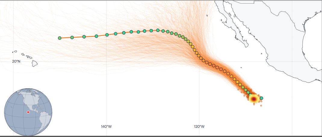 JimCantore's tweet photo. Both basins have areas of interest:  First, #97L (gulf system).  Deeper convection overnight (diurnal max time) continues and a TD or TS cannot be ruled out before it comes ashore in TX/LA tomorrow.  Heavy rain and gusty winds would likely top the list of hazards.  

Remnants of Dolly DNA will come into the Gulf late week and any leftovers could try and organize, but this is lowest probability at this time.

In the Pacific #karina is a major hurricane that will likely weaken over time and pass north of HI as a TS.  #lowell will pass south of HI and likely develop.  Still need to watch for a sudden turn north, but it seems past HI at this time.  Still watching though.

#95E is interesting because it could bring moisture into the CA in about a week IF it doesn't turn out as many models suggest.  Some pick it up with a trough.  Far enough out to not have enough confidence in either solution.