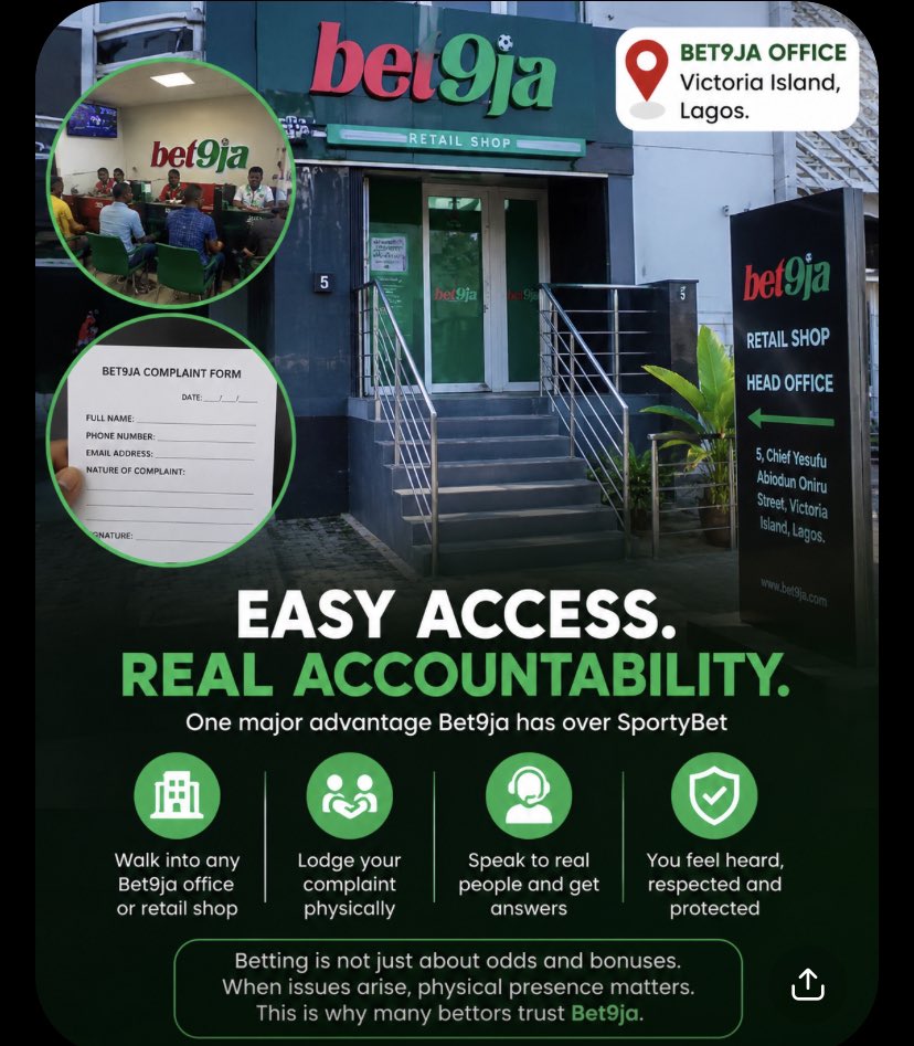 KingofABM's tweet photo. SportyBet users, let’s be honest for a minute 👇🏽

One major advantage @Bet9jaOfficial has over SportyBet is physical accessibility.

If you have a serious complaint with Bet9ja, you can literally walk into their office/shop and lodge your complaint physically. You can speak to someone face-to-face and demand answers.

With SportyBet, everything is mostly online. When a serious issue happens, you’re left with customer support, emails and messages while your money or ticket is involved.

This current situation should teach every bettor one thing: don’t just look at odds and bonuses. Look at how a bookmaker handles you when things go wrong.

Betting is not only about winning. Customer protection and accountability matter too.💯🤌
#Bet9ja