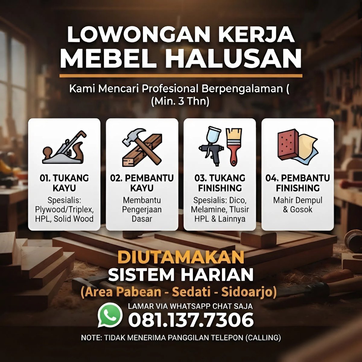 lokersbyterbaru's tweet photo. RH Furniture (IG: @rhfurniture) membuka lowongan posisi :
• Tukang Kayu
• Pembantu Kayu
• Tukang Finishing
• Pembantu Finishing
📍 Penempatan : Gedangan, Sedati, Sidoarjo

✅ Usia bebas
✅ Terbuka untuk semua lulusan

Berminat, langsung chat WA : 081 137 7306 https://t.co/a4EduAYPgu