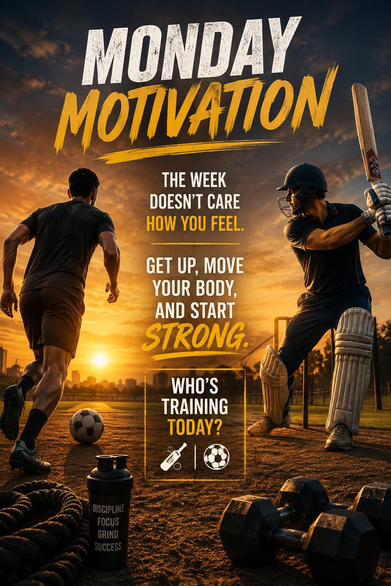 Apu8902's tweet photo. Monday motivation 💪

The week doesn’t care how you feel.
Get up, move your body, and start strong.

Who’s training today? 🏏⚽
#MondayMotivation #Fitness #Sports #Cricket #Messi https://t.co/k8kY5Lo8Zu