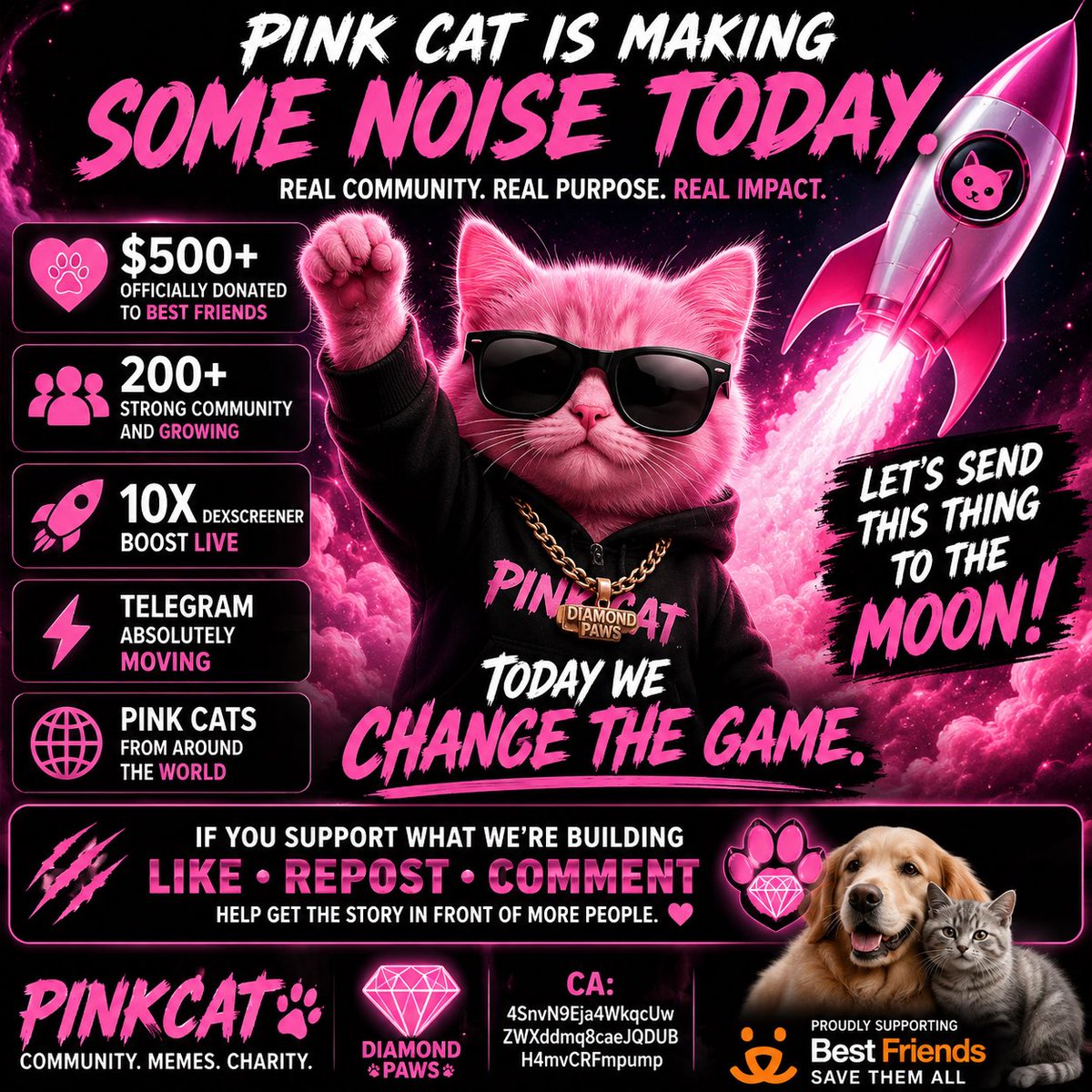 ThePinkCatCoin's tweet photo. PINK CAT IS MAKING SOME FUCKING NOISE TODAY. 💗🐱🔥

🐾 $500+ officially generated for Best Friends
💗 200+ member community
🚀 10X DexScreener Boost LIVE
💎 Telegram absolutely fucking MOVING
🌎 Pink Cats showing up from around the world

We started with a fucking pink cat. 😂
Now we have a real community, a real purpose, and money actively being generated to help animals.

TODAY WE SHOW EVERYBODY WHAT PINK CAT IS.

If you fuck with what we’re building, LIKE • REPOST • COMMENT and help get the story in front of more people. 🚀

COMMUNITY. MEMES. CHARITY.

PINK CAT ARMY 💗🐱
DIAMOND PAWS 💎🐾

CA: 4SnvN9Eja4WkqcUwZWXddmq8caeJQDUBH4mvCRFmpump