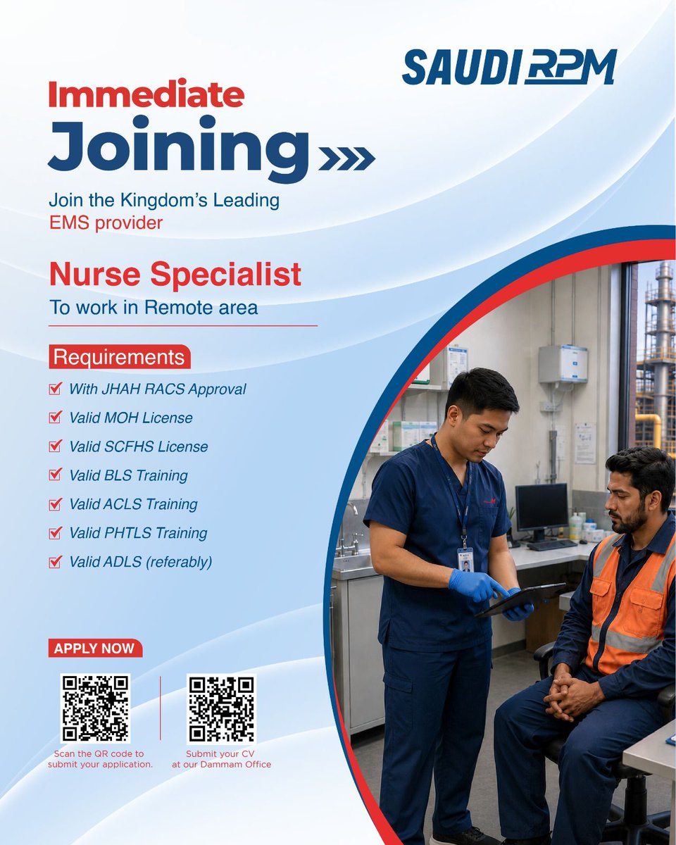 SaudiRPM's tweet photo. Immediate Hiring – Nurse Specialist!
Join Saudi RPM, the Kingdom’s leading EMS provider
Work Location: Remote Area
Position: Nurse Specialist
Apply Now! Scan the QR code to submit your application or submit your CV at our Dammam Office.
#SaudiRPM #NurseSpecialist #NursingJobs https://t.co/PMZ1F7XlOr