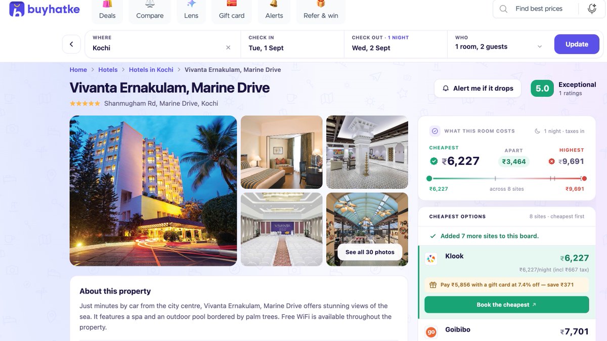 cryptocarte's tweet photo. Hotel rooms at ₹9,691 vs ₹6,227 for the exact same stay? 👀

New Hotel Comparison Feature of Buyhatke compares 8+ booking sites so you can find the cheapest deal without opening them all.

Same hotel. Same night. ₹3,464 saved. 

Why pay more?