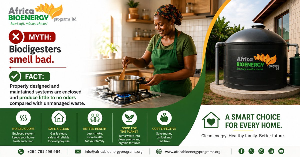 KBiogas's tweet photo. Debunking Bio-digesters:

Think you know biodigesters? Let's separate fact from fiction.

Myth: Biodigesters smell bad.
Fact: Properly designed and maintained systems are enclosedproduce little to no odors compared with unmanaged waste.

#SustainableFarming #ABPL #ClimateAction #renewablenergy #cleancooking #biodigesters #Debunking