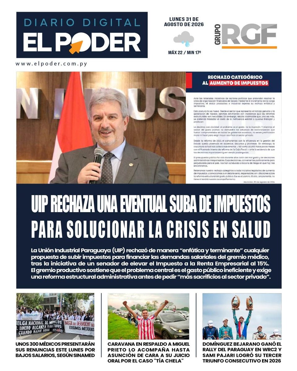 elpoderpy's tweet photo. ¡Buenos días! Empezá tu jornada bien informado.
📰 Portada de nuestro diario #ElPoderPy del lunes, 31 de agosto de 2026.
🗞️ Te compartimos también los temas más destacados de los diarios nacionales.
Seguinos en: 📲 Facebook 📲 Tik Tok 📲 Ig
#TapasDeDiarios #Noticias https://t.co/MytoKuz0BM